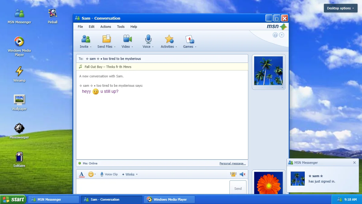 BackOnMSN's Windows XP-style desktop with Sam's MSN conversation, classic game shortcuts, and a sign-in notification.