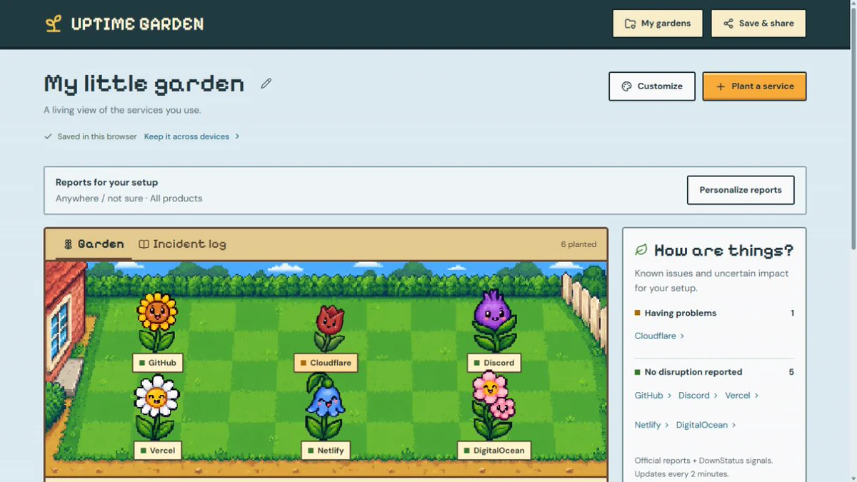 Uptime Garden's pixel landscape and provider status list.