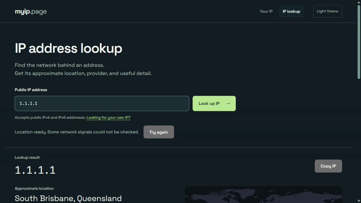 myip.page showing a lookup for 1.1.1.1, an approximate location, and a notice that some network checks are unavailable.