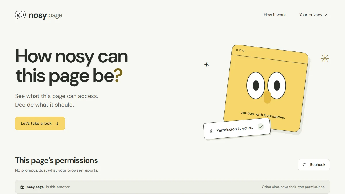 nosy.page with a yellow browser character, the question How nosy can this page be?, and its permission-check section.