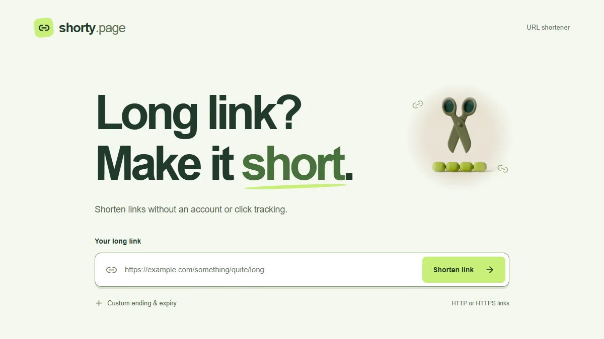 shorty.page with the heading Long link? Make it short., a scissors illustration, and a field to paste a long URL.