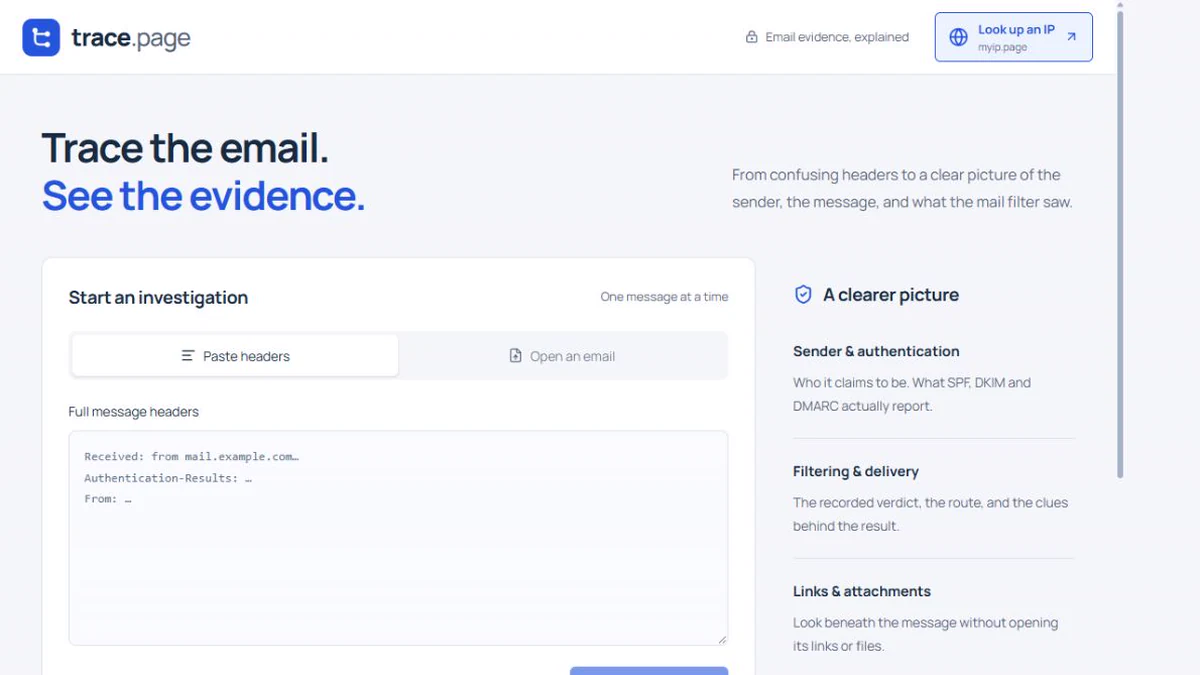 trace.page with a space to paste email headers and start an investigation.